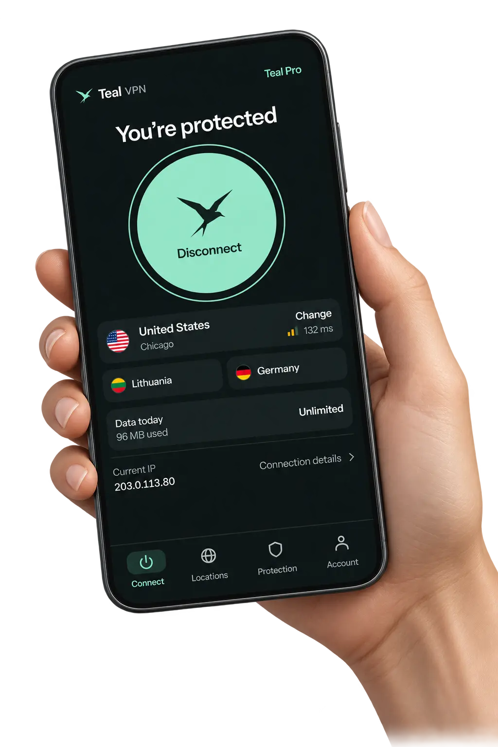 A hand holding a tilted Android phone with Teal Pro showing a protected connection to Chicago and unlimited data.