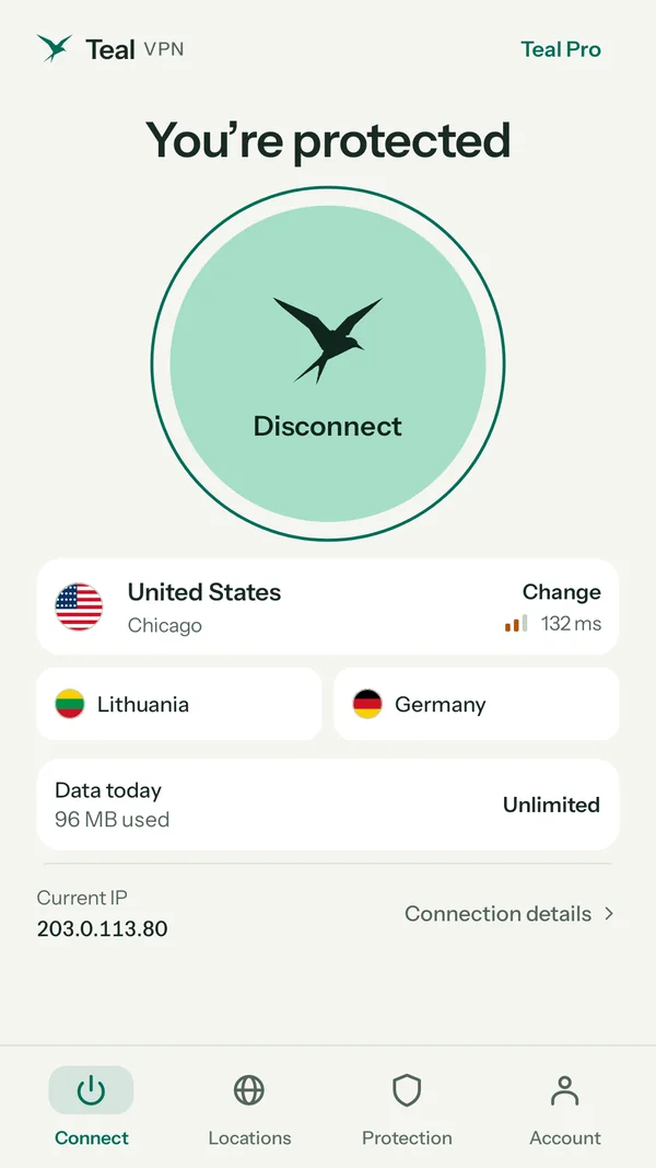 Teal VPN Pro on Android with unlimited data