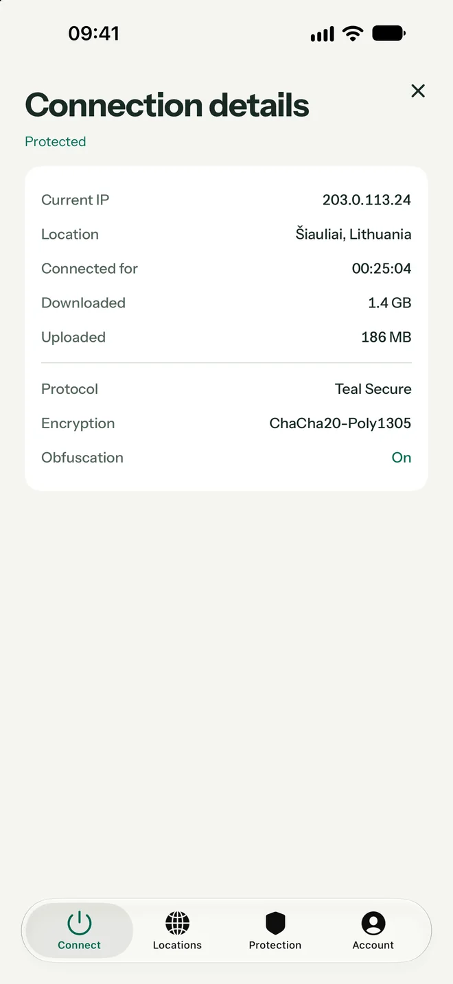 Teal VPN connection details: IP address, protocol Teal Secure, ChaCha20-Poly1305 encryption, obfuscation on