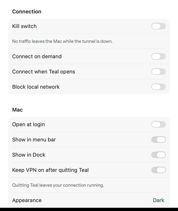 Teal VPN Mac settings: show in menu bar, show in Dock, keep VPN on after quitting