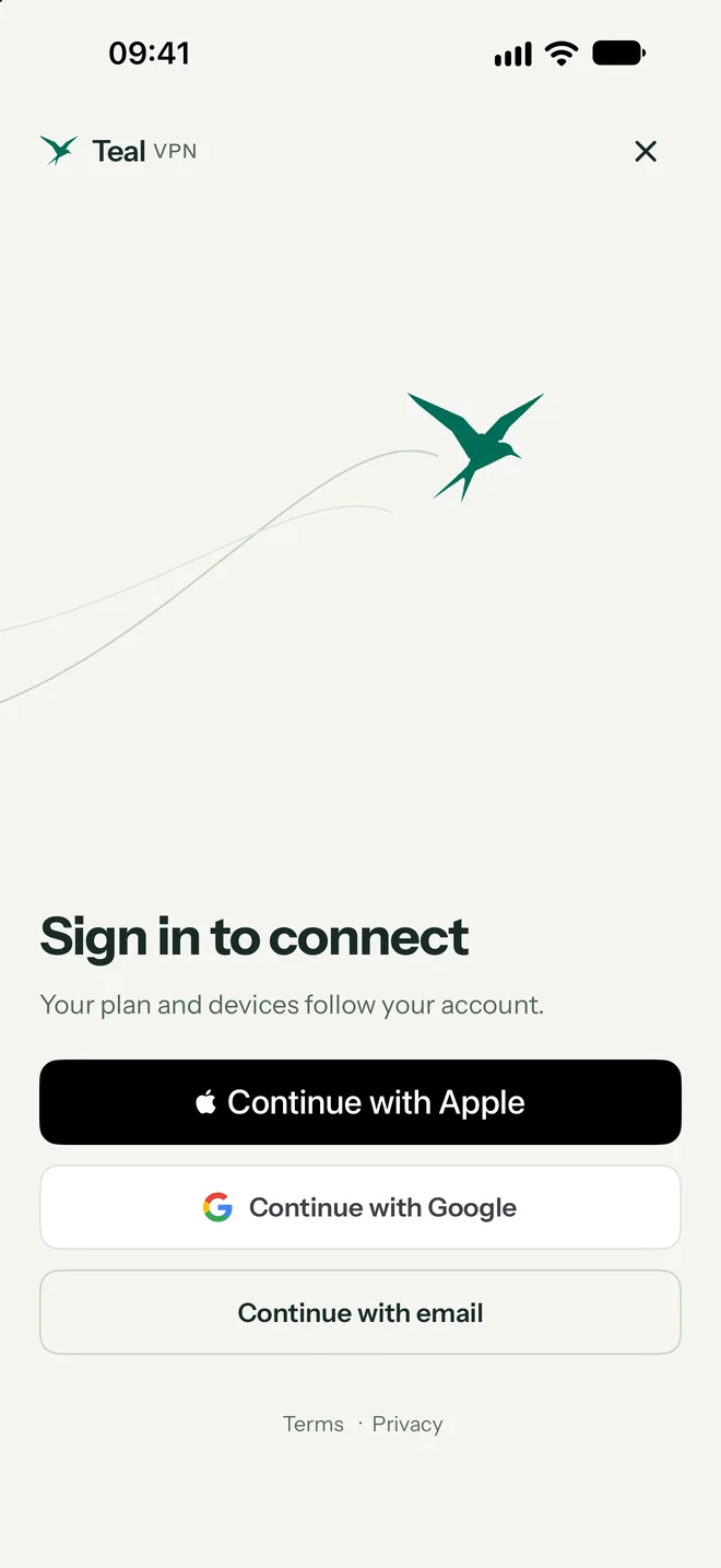 Teal VPN sign-in screen on iPhone