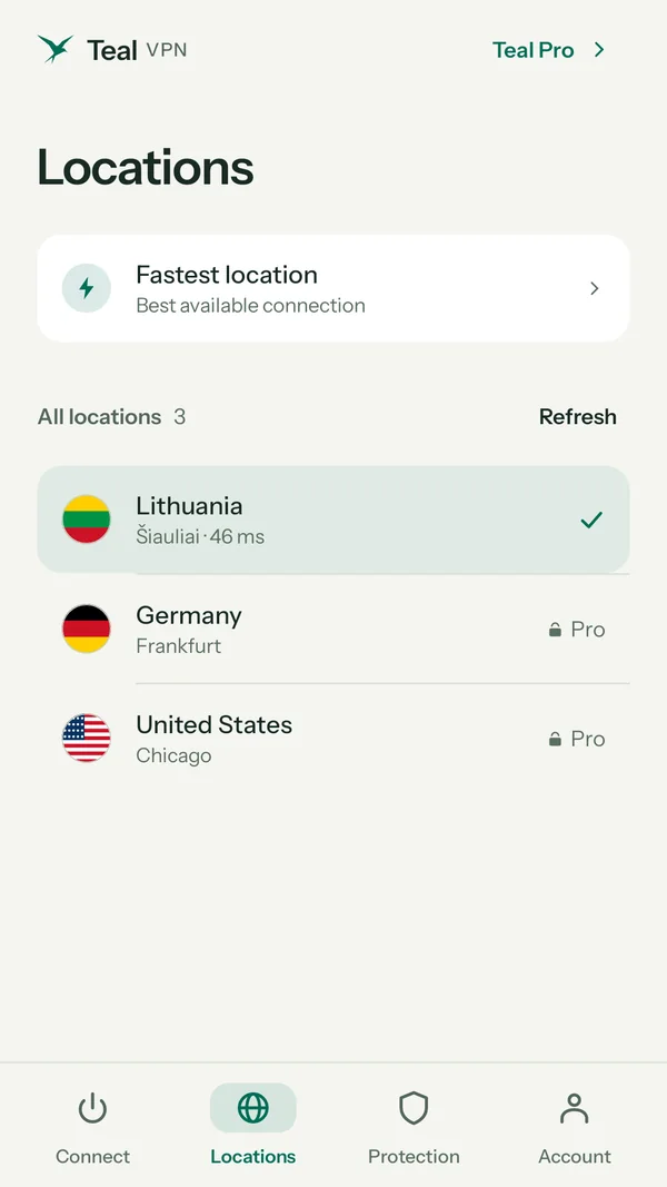 Teal VPN location list on Android