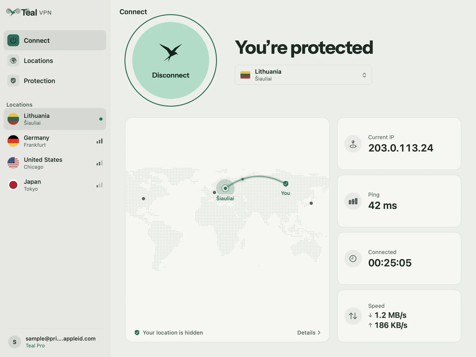 Teal VPN for Mac dashboard (shown as a preview of desktop Teal)