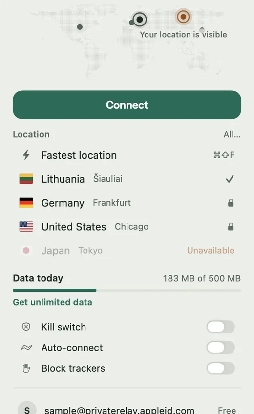 Teal VPN menu bar window on Mac