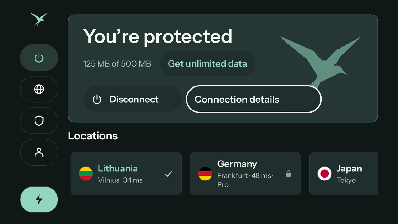 Teal on a TV, connected: You’re protected, 125 MB of 500 MB with a Get unlimited data button, Disconnect and Connection details, and a row of locations below.